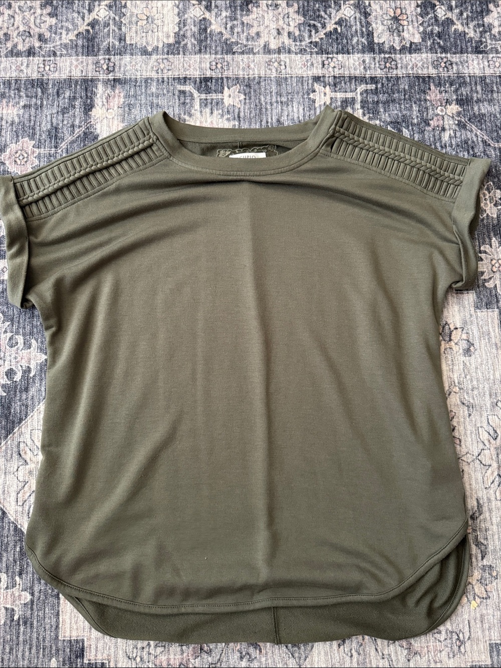 Cupio Olive Green Short Sleeve Top with Braided Shoulder Trim